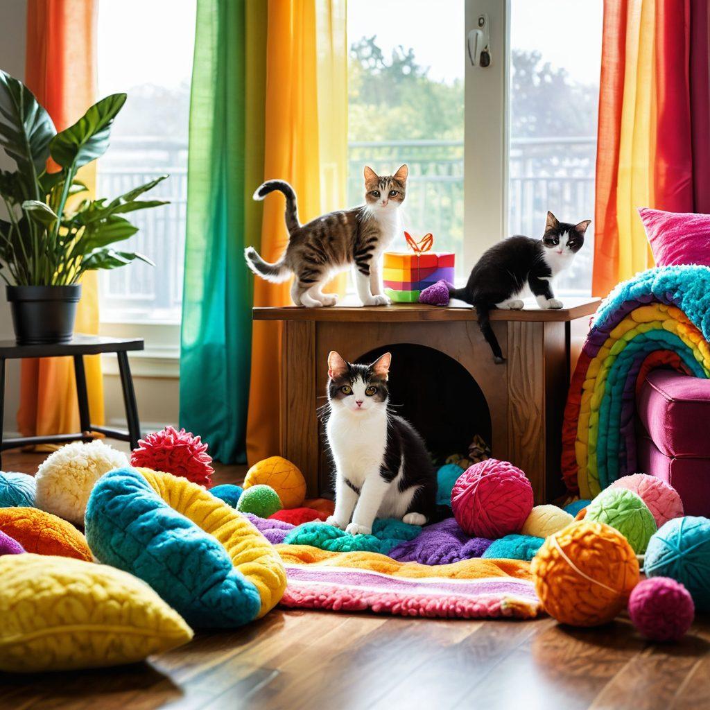 A cozy room filled with playful kittens exploring various pet love products like colorful toys, a comfy scratching post, and a plush bed. Bright sunlight streaming through a window, casting playful shadows on the floor, highlighting a rainbow of cat treats and accessories. Capture the joyful energy of the kittens and the inviting atmosphere of a pet-friendly home. super-realistic. vibrant colors. warm lighting.